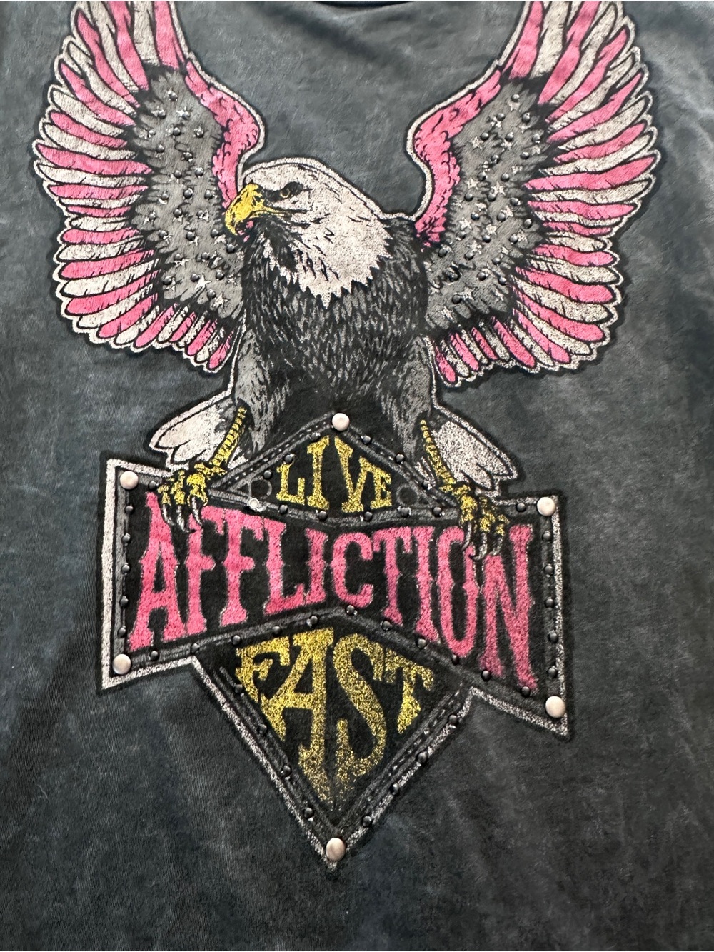 Affliction women’s  Live Fast Eagle Graphic Tee - Pink & Yellow Accent